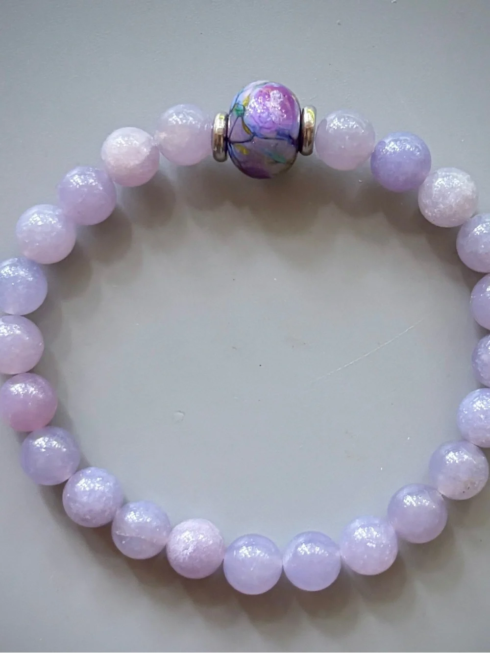 Light Purple Chalcedony and Blue Lampwork Bead Handcrafted Bead Bracelet